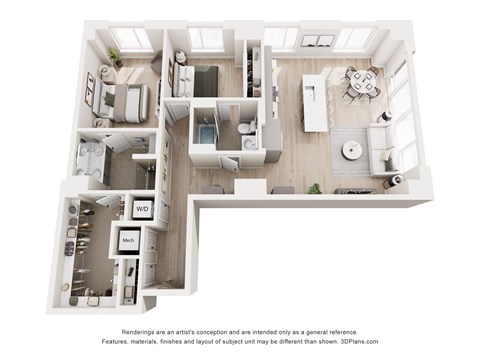 A 3D floor plan of a house with a kitchen, living room, and two bedrooms.